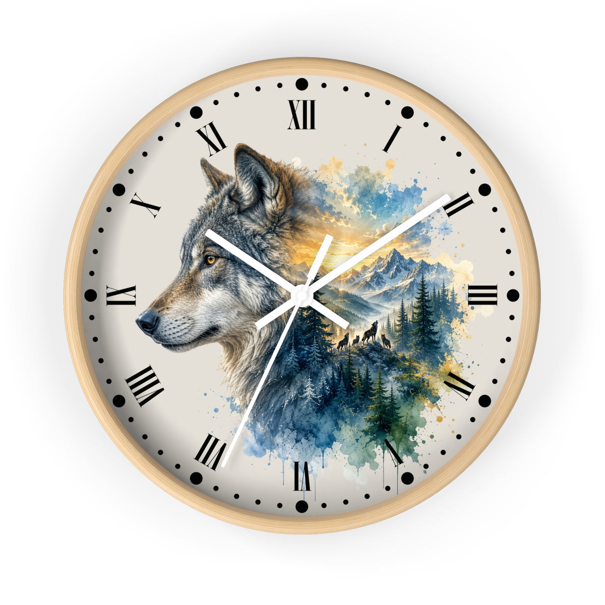 A round wall clock with a light wood frame and a cream-colored face, featuring a detailed watercolor-style illustration of a wolf's head on the left side and a mountain-and-trees landscape on the right. The clock uses Roman numerals for hour markers and has white hands.