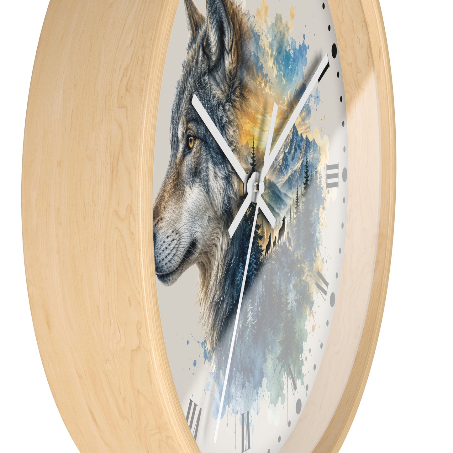 Round wall clock with a light natural wood frame and a printed wolf artwork on the face, shown against a plain white background.