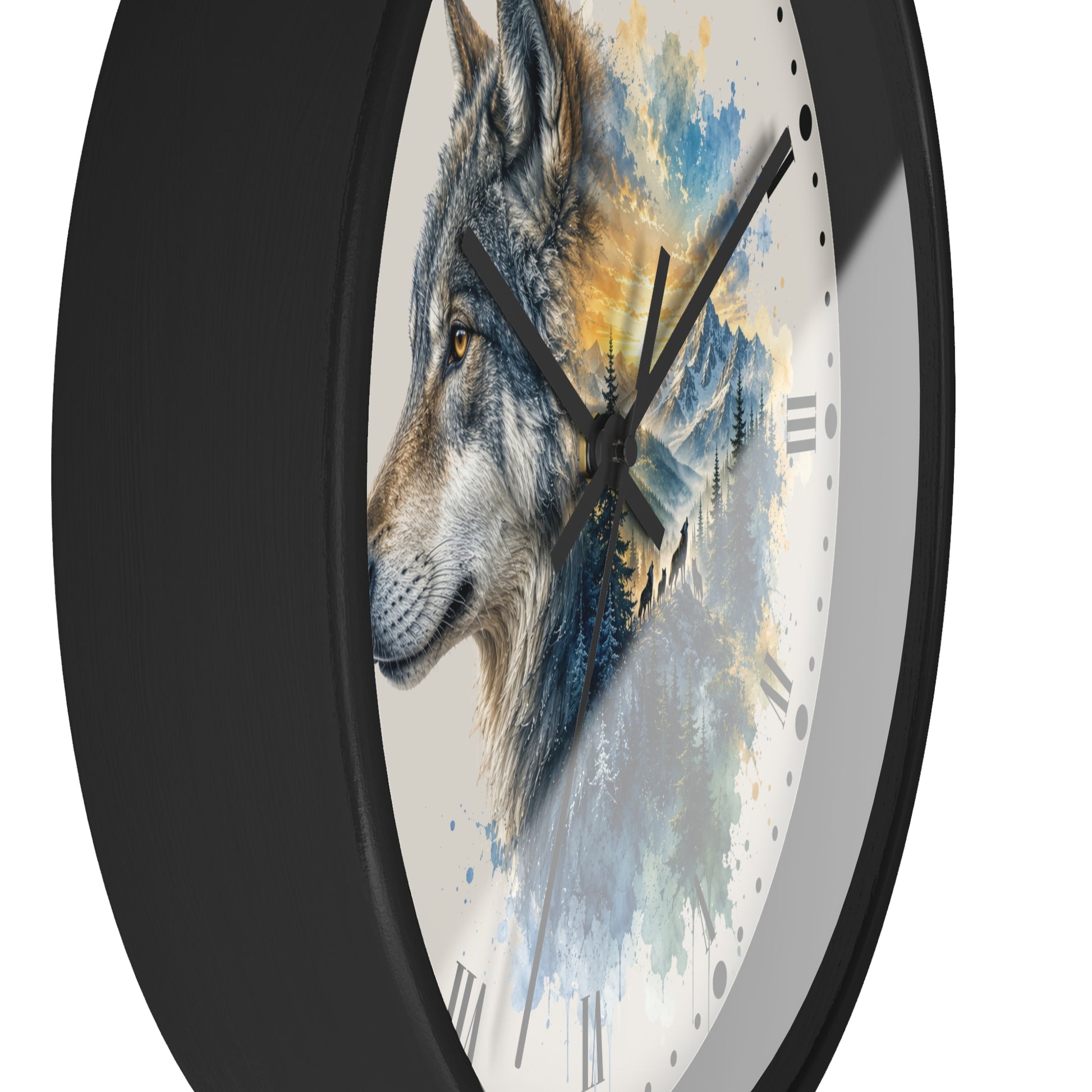 A round wall clock with a black frame and a white dial featuring a painted wolf head over blue, gray, and yellow watercolor-style scenery. The clock is shown at an angle against a plain white background.