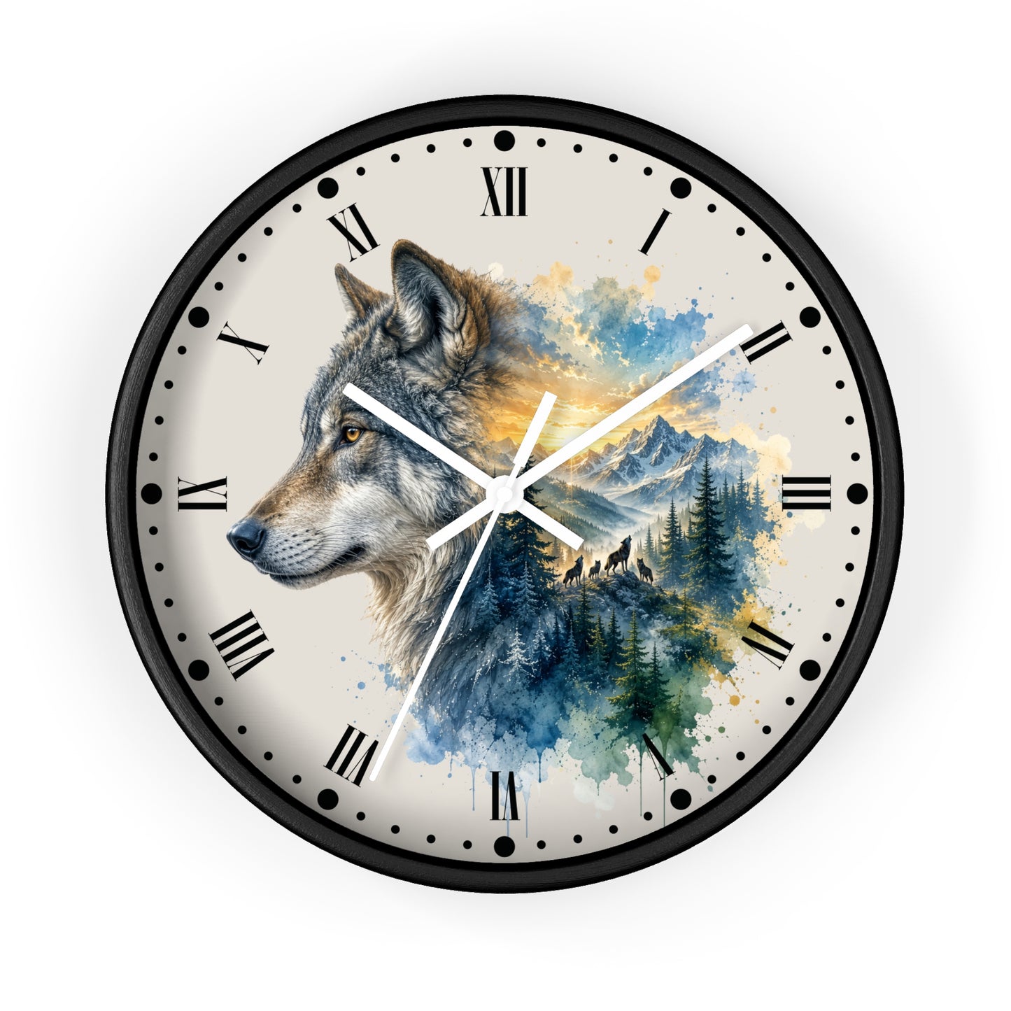 A round wall clock with a black frame and Roman numerals, featuring a watercolor-style wolf portrait over blue mountains and pine trees on the clock face.