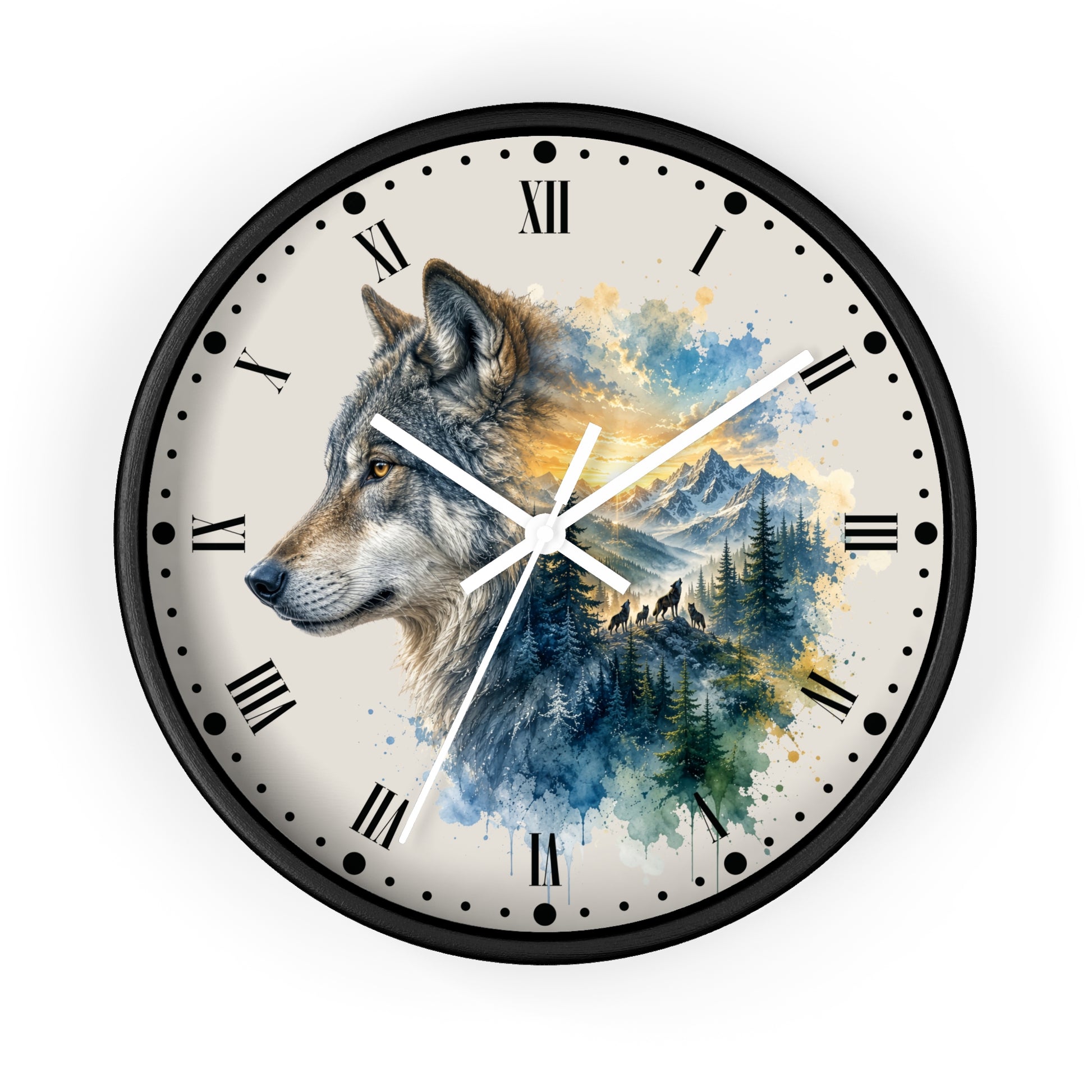A round wall clock with a black frame and Roman numerals, featuring a watercolor-style wolf portrait over blue mountains and pine trees on the clock face.
