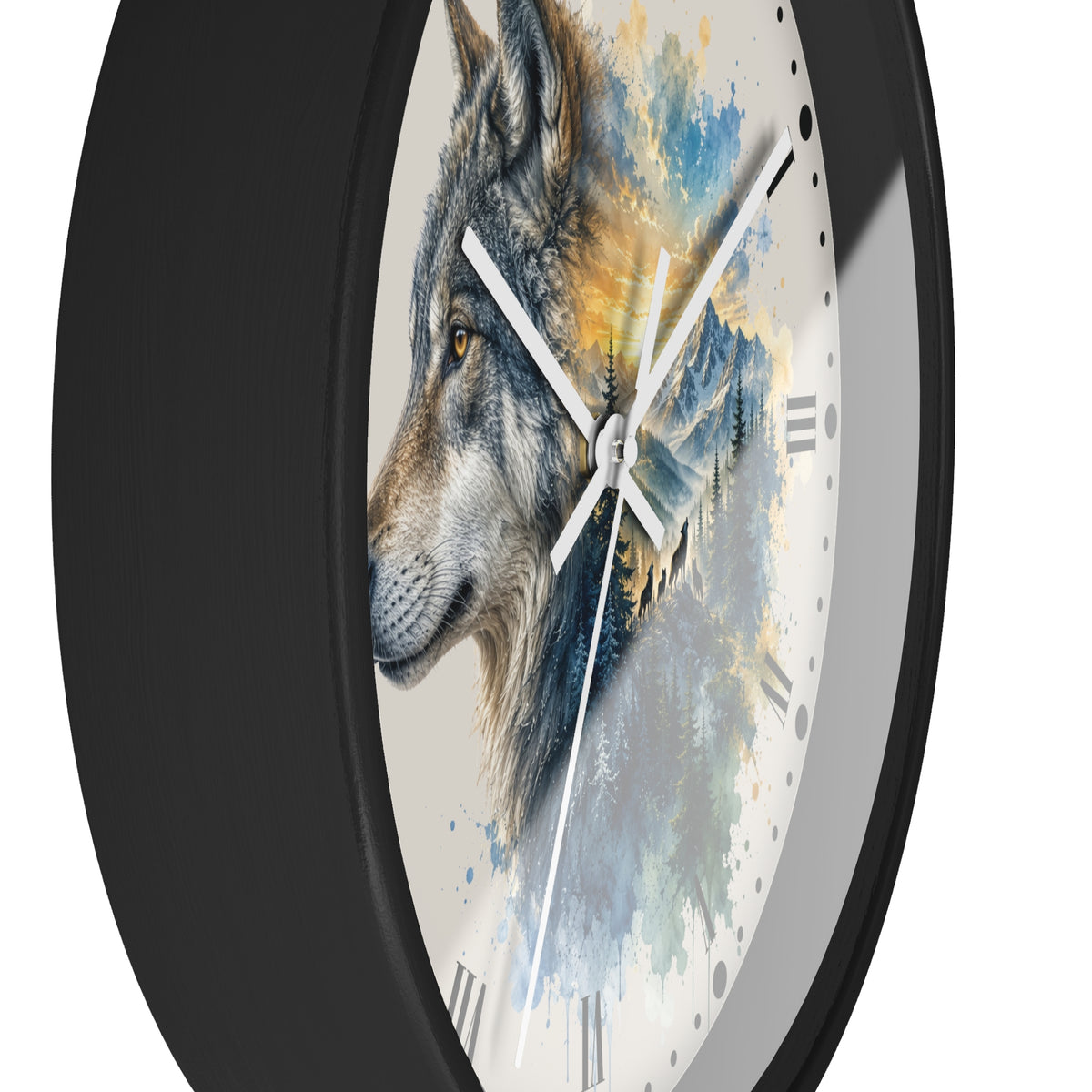 A round wall clock with a black frame and a watercolor-style wolf illustration on the face, shown against a plain white background.