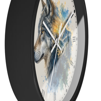 A round wall clock with a black frame and a watercolor-style wolf illustration on the face, shown against a plain white background.
