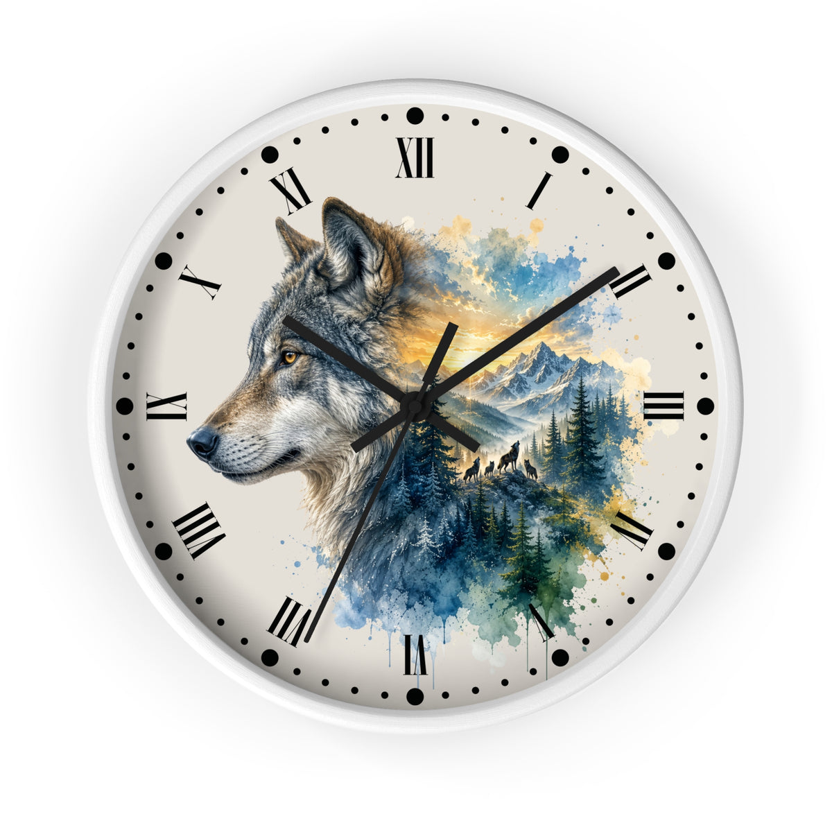 A round wall clock with a white frame and a printed dial featuring a wolf in profile over a watercolor landscape of mountains, trees, and blue sky. The clock uses Roman numerals and black hands on a light gray background.