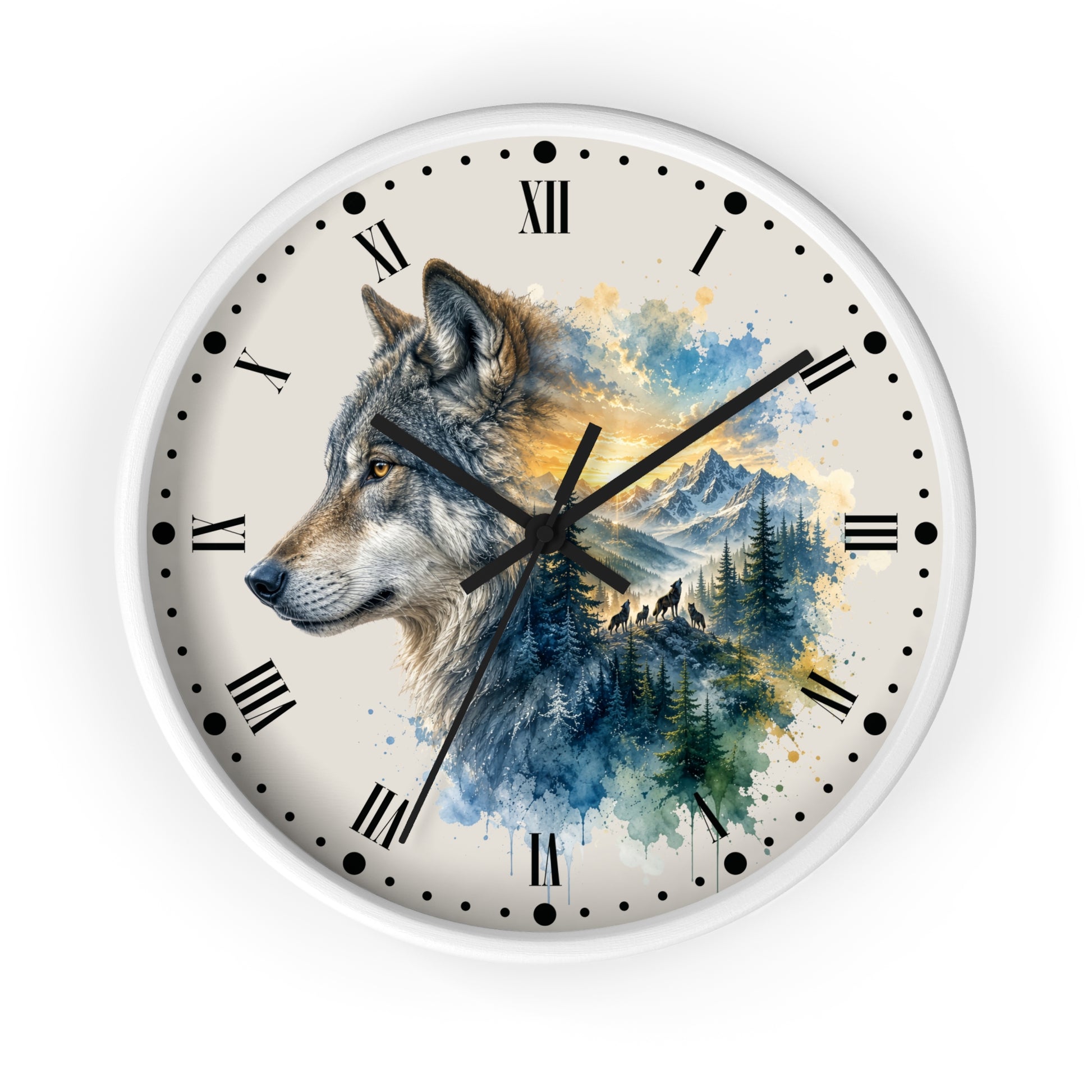 A round wall clock with a white frame and a printed dial featuring a wolf in profile over a watercolor landscape of mountains, trees, and blue sky. The clock uses Roman numerals and black hands on a light gray background.