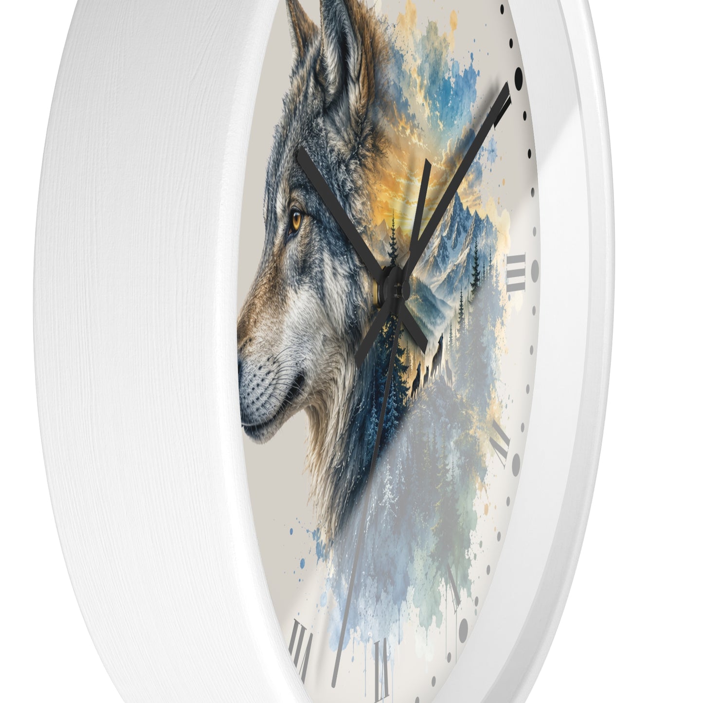 A round white wall clock with a printed wolf illustration and watercolor-style landscape artwork on the face, shown against a plain white background.