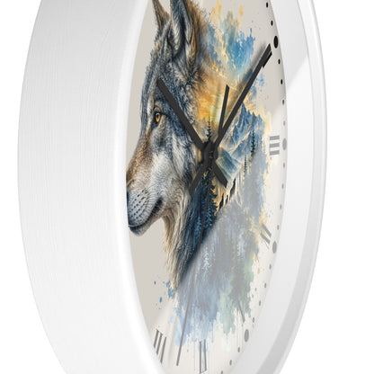 A round white wall clock with a printed wolf illustration and watercolor-style landscape artwork on the face, shown against a plain white background.