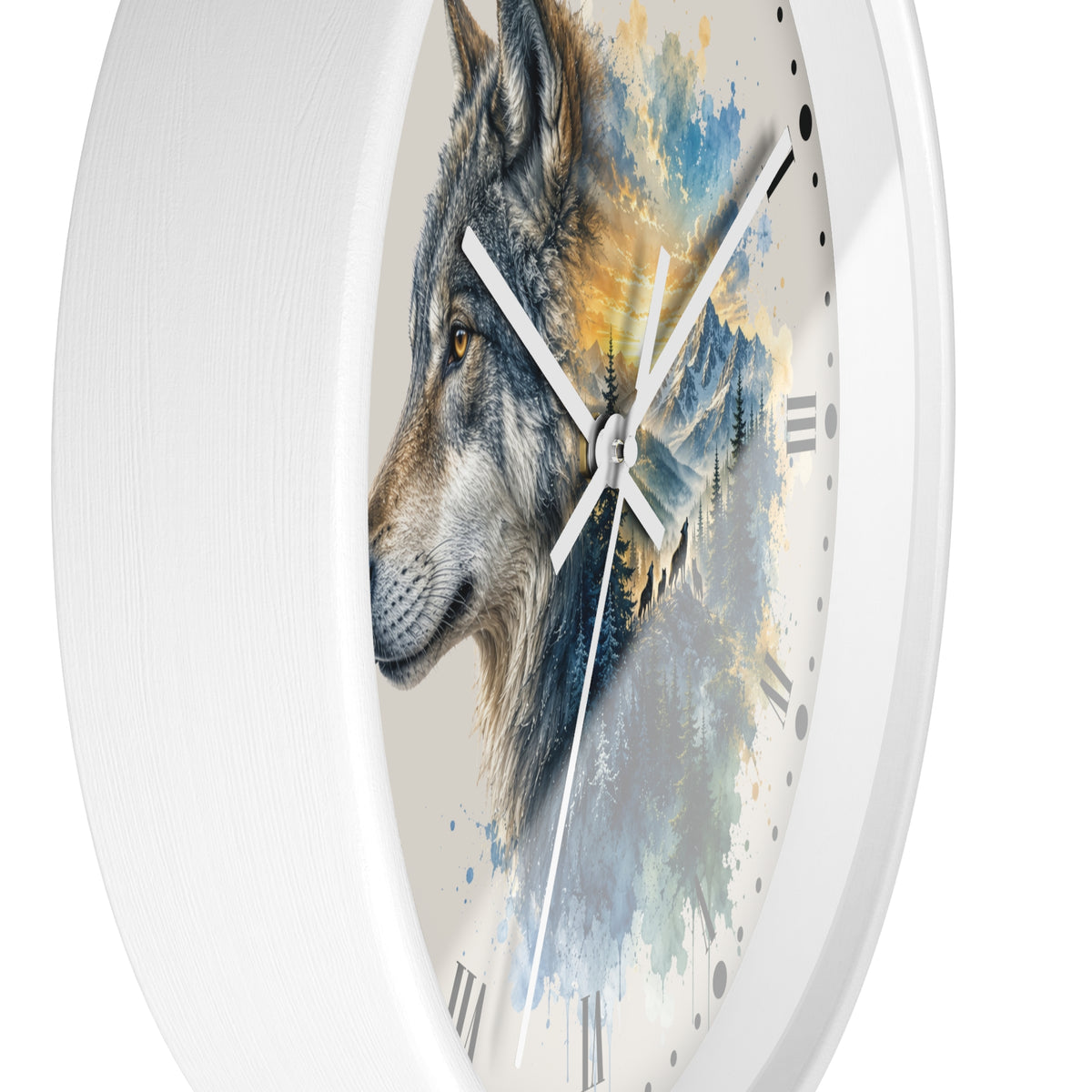 A round white wall clock with a detailed watercolor-style wolf illustration in blue, gray, black, and warm golden tones on the face, shown against a plain white background.