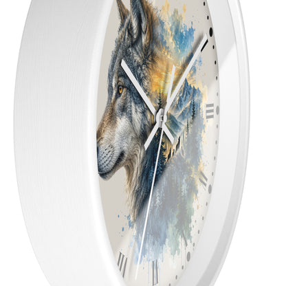A round white wall clock with a detailed watercolor-style wolf illustration in blue, gray, black, and warm golden tones on the face, shown against a plain white background.