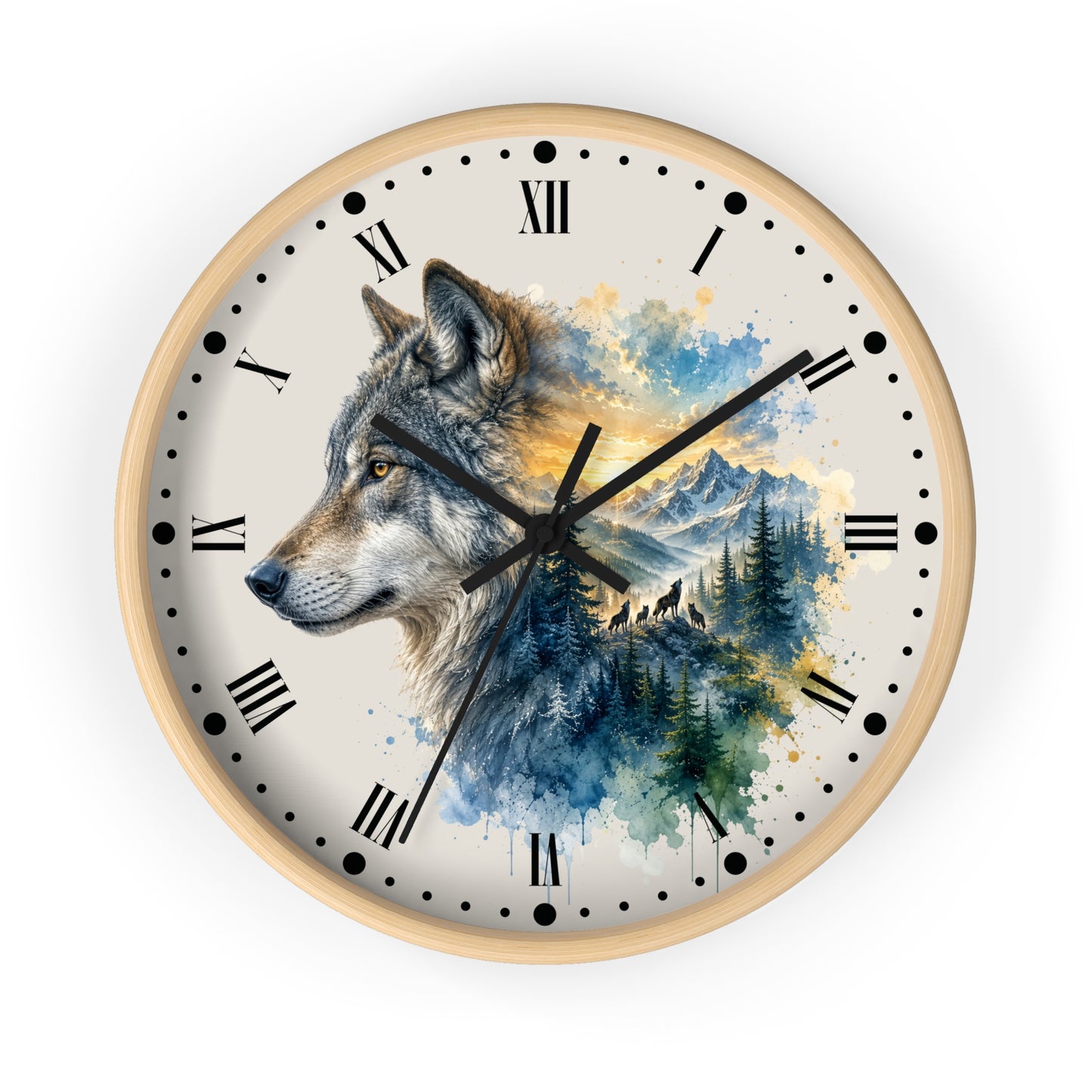 A round wall clock with a light wood frame and a cream-colored face, featuring a detailed watercolor illustration of a wolf over a mountain and forest scene. The clock has black Roman numerals, black dot hour markers, and black hands.