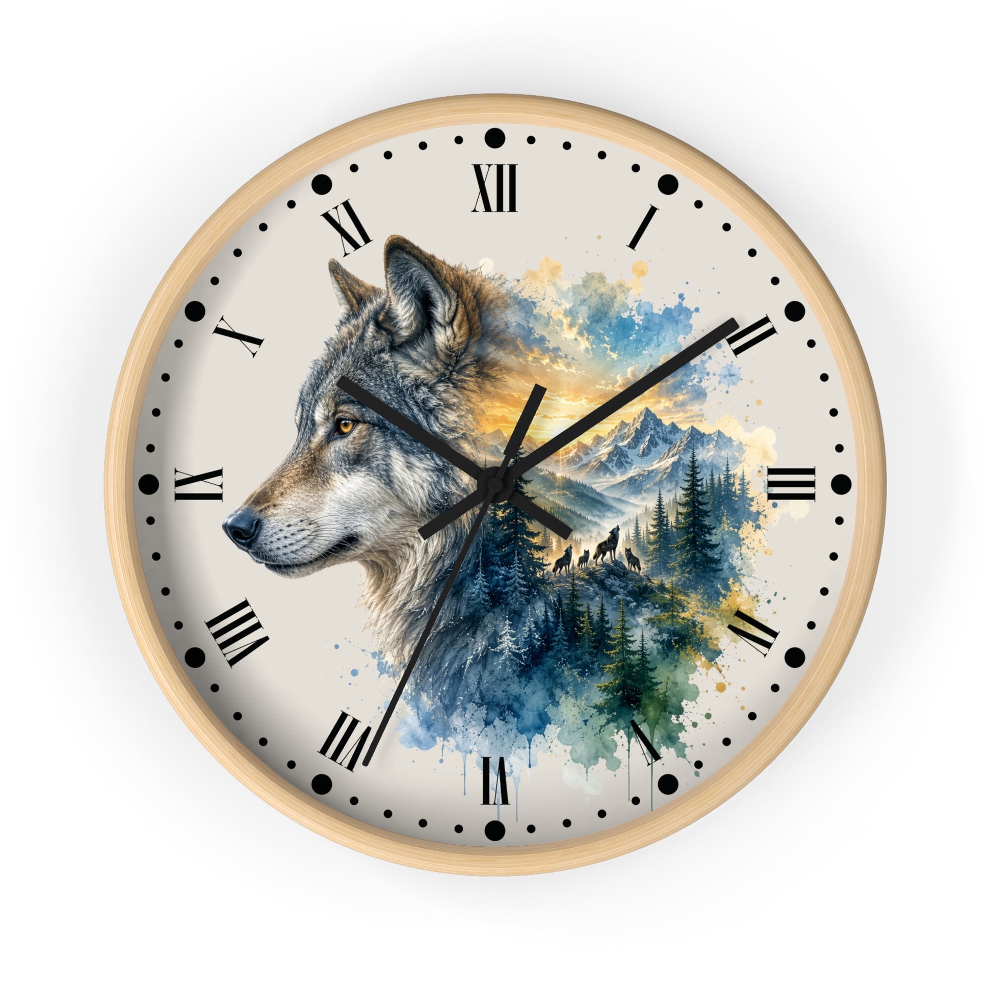 A round wall clock with a light wood frame and a cream-colored face, featuring a detailed watercolor illustration of a wolf over a mountain and forest scene. The clock has black Roman numerals, black dot hour markers, and black hands.