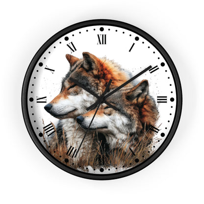 Round wall clock with a black frame and a white face featuring an artistic print of two wolves in a grassy field. The clock has black Roman numerals and black hands.