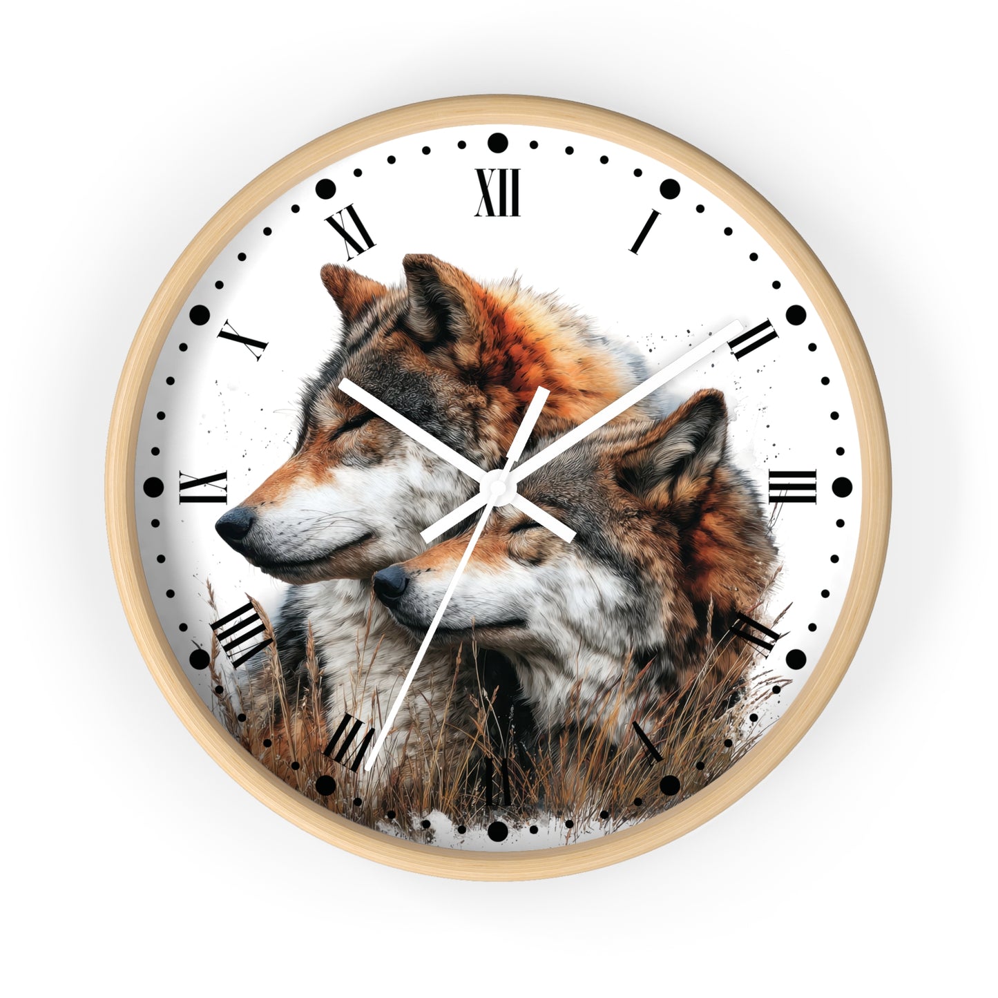 A round wall clock with a light wood frame and a white face featuring a detailed print of two wolves in a grassy field. The clock has black Roman numerals, black dot hour markers, and white hands.