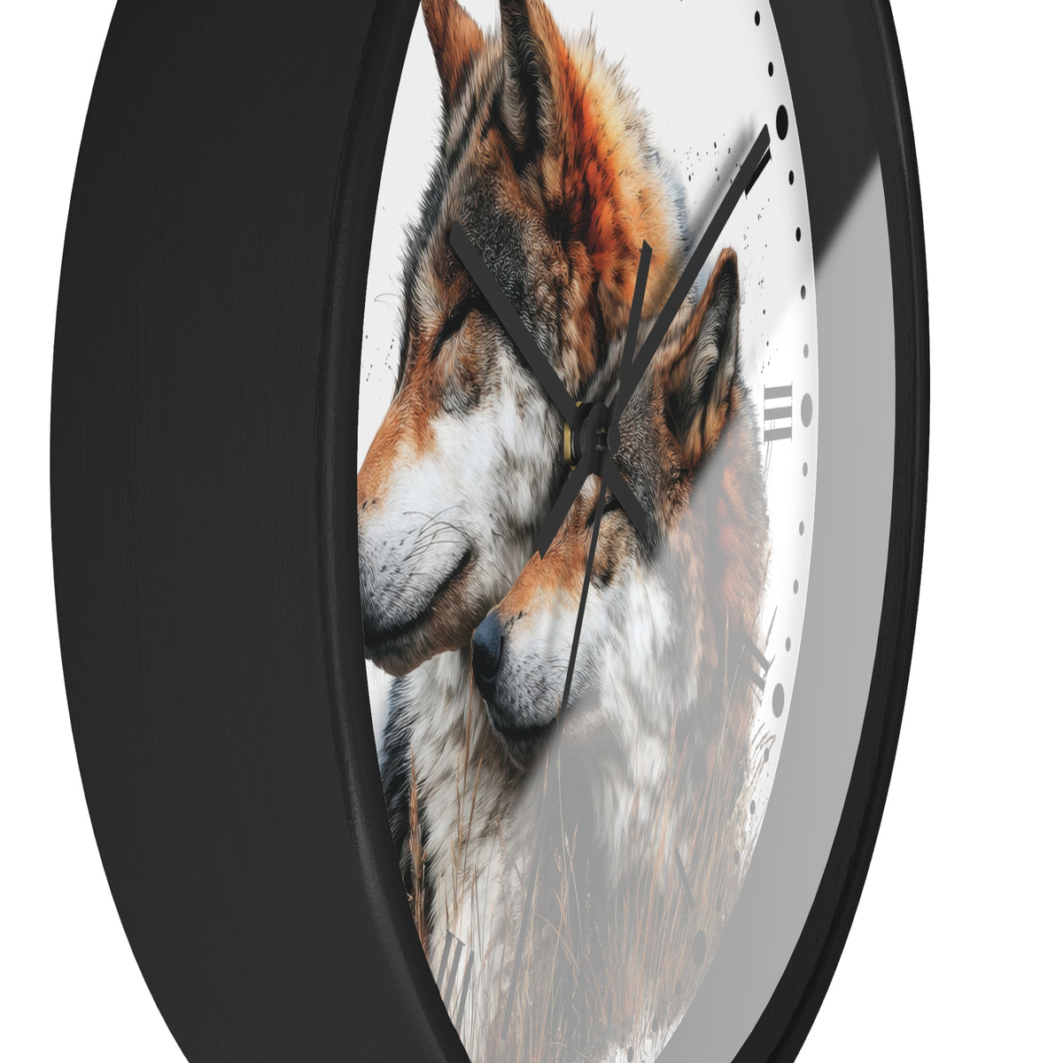 A round wall clock with a black frame and a printed design of two wolves on the face, shown against a plain white background.