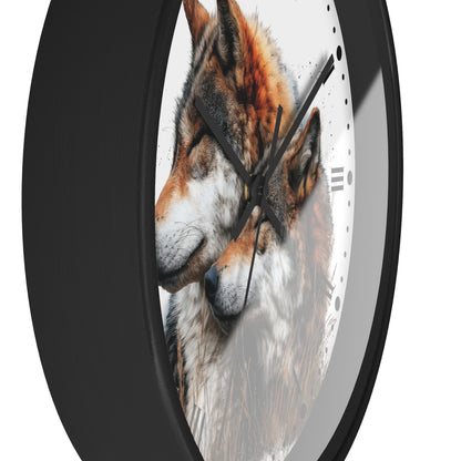 A round wall clock with a black frame and a printed design of two wolves on the face, shown against a plain white background.