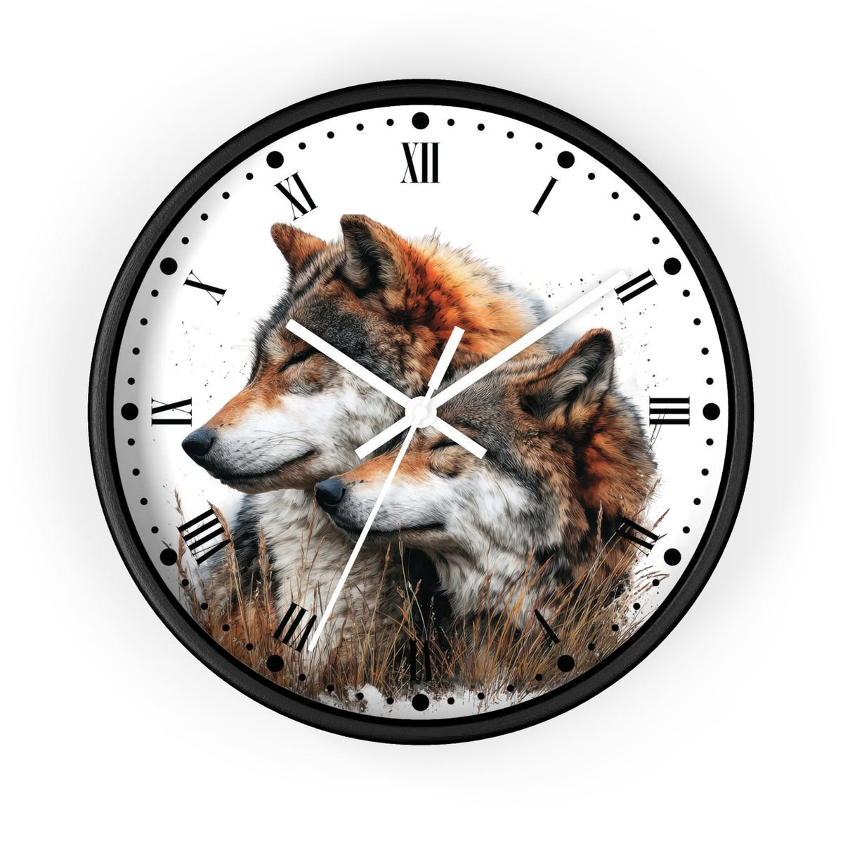 Round wall clock with a black frame and a white face featuring a printed illustration of two wolves in grass, with black Roman numerals and white hands, shown on a plain white background.