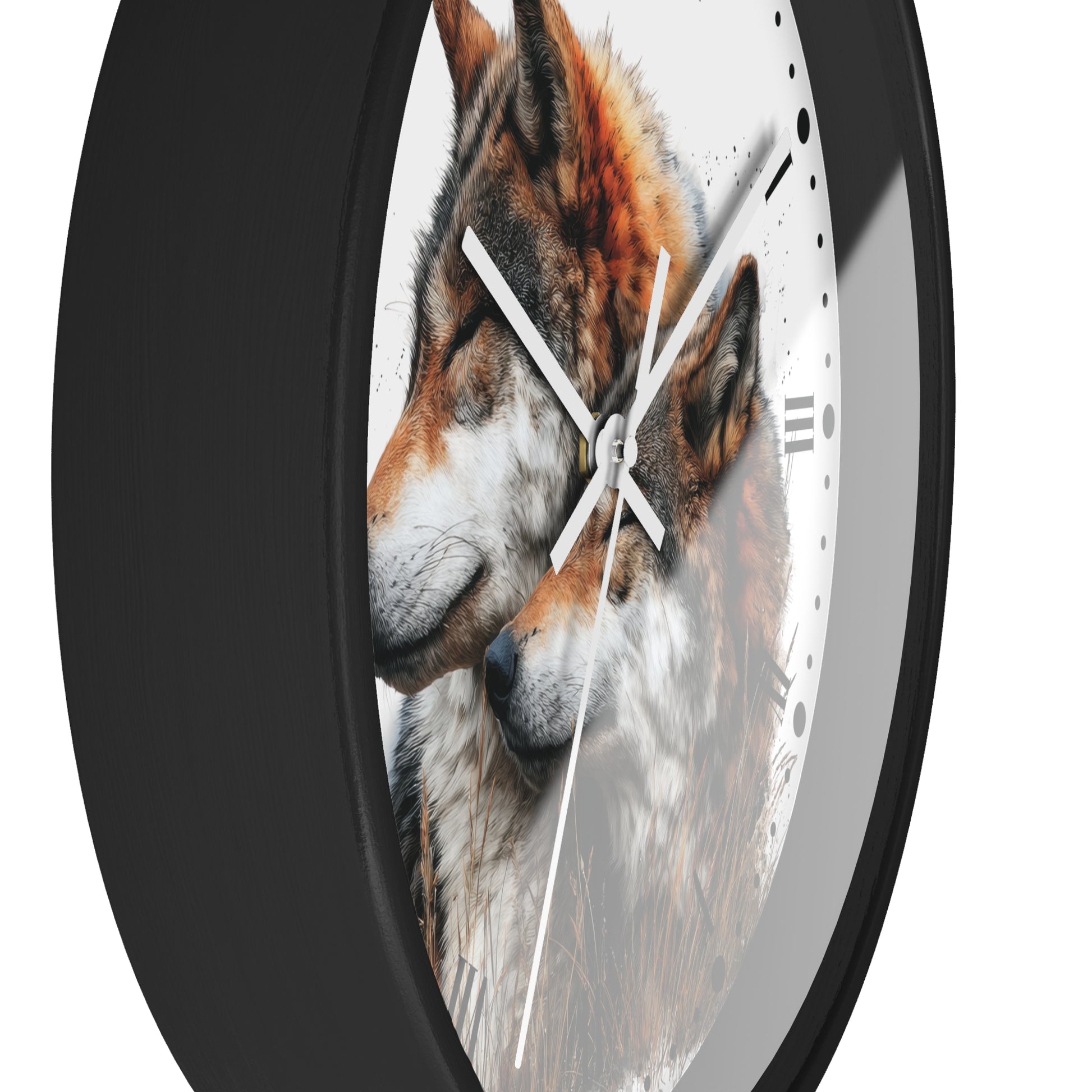 A round wall clock with a black frame and a white face featuring a close-up wolf illustration. The clock is shown at an angle against a plain white background.