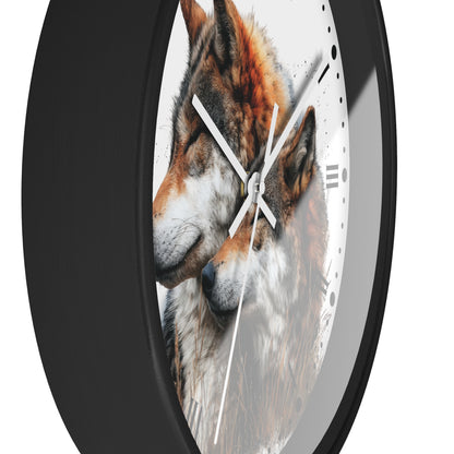 A round wall clock with a black frame and a white face featuring a close-up wolf illustration. The clock is shown at an angle against a plain white background.