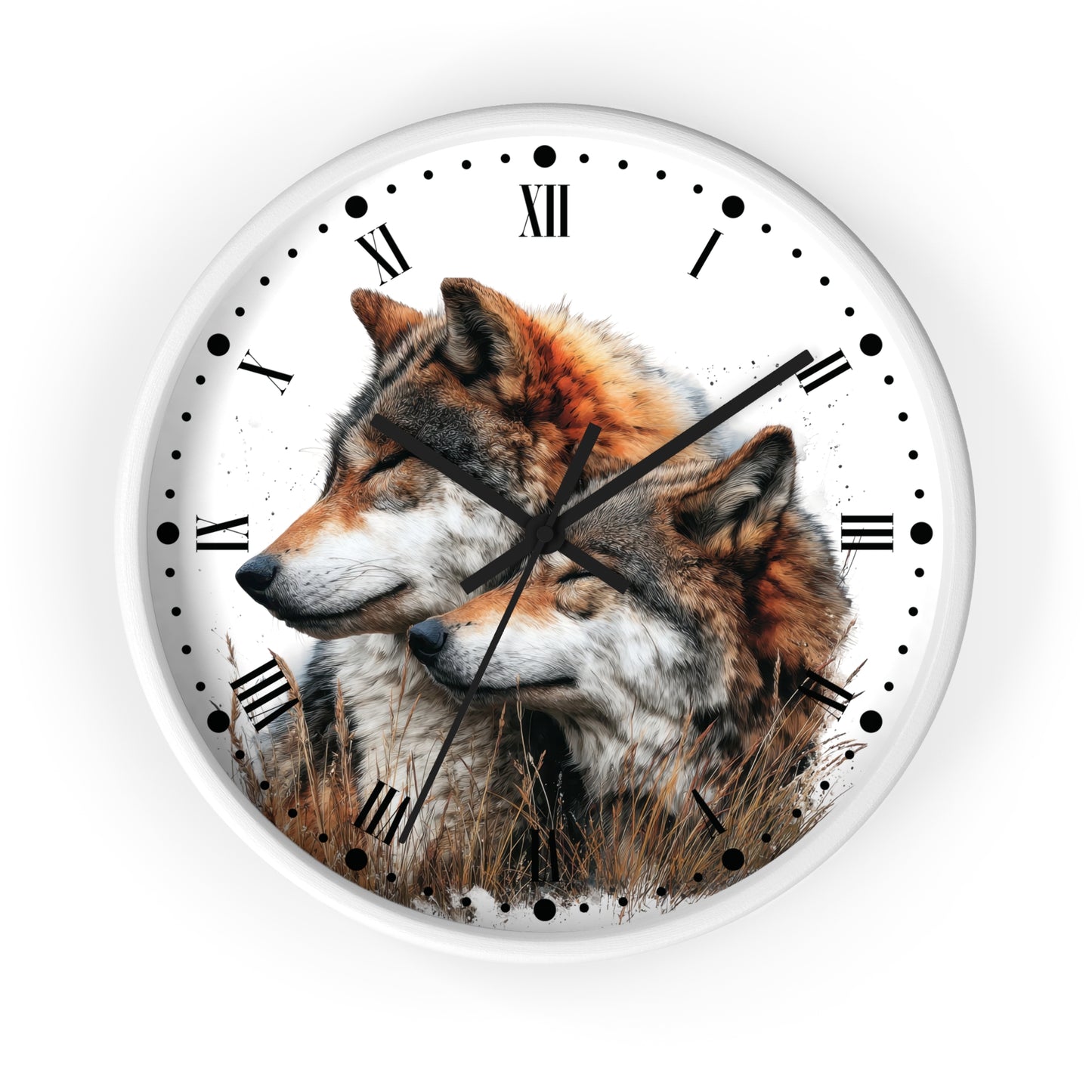 Round wall clock with a white face, black Roman numerals, black hands, and a printed illustration of two wolves in tall grass on the lower half.