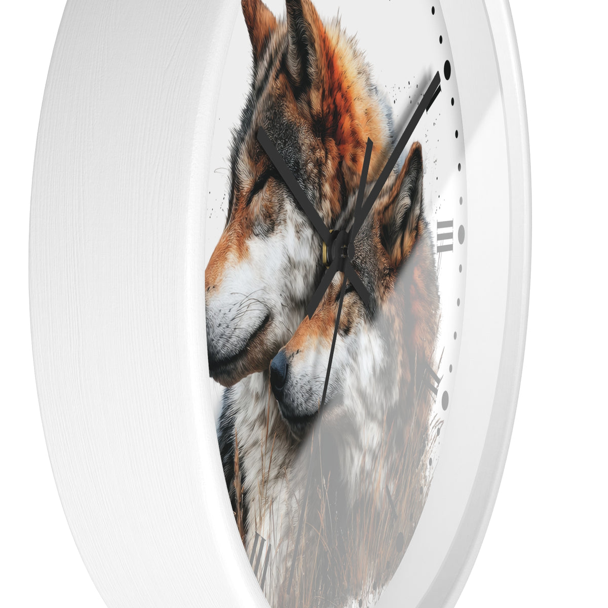 A round white wall clock with a printed wolf illustration on the face and black hands, shown against a plain white background.