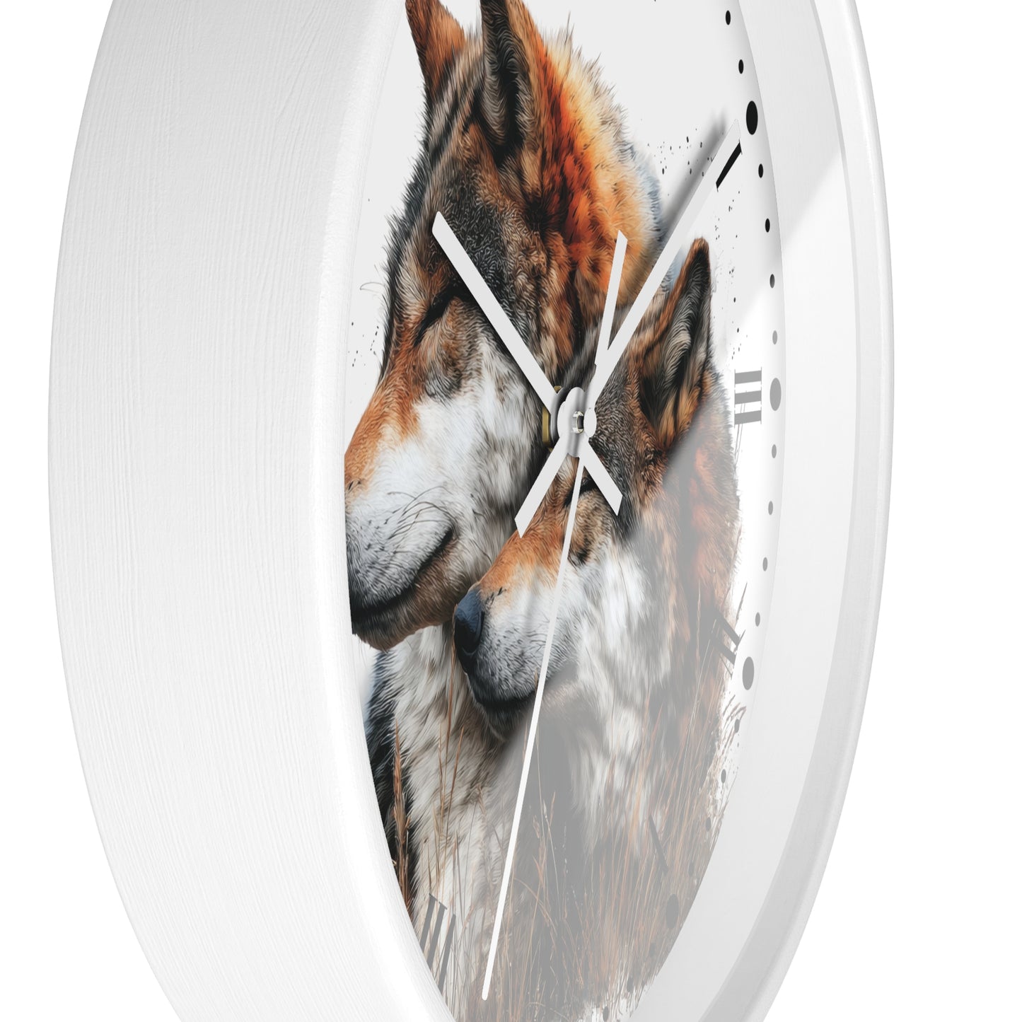 A round white wall clock with a printed design of two wolves in profile on the face, with white hands and black Roman numerals.