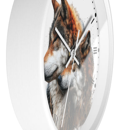 A round white wall clock with a printed design of two wolves in profile on the face, with white hands and black Roman numerals.
