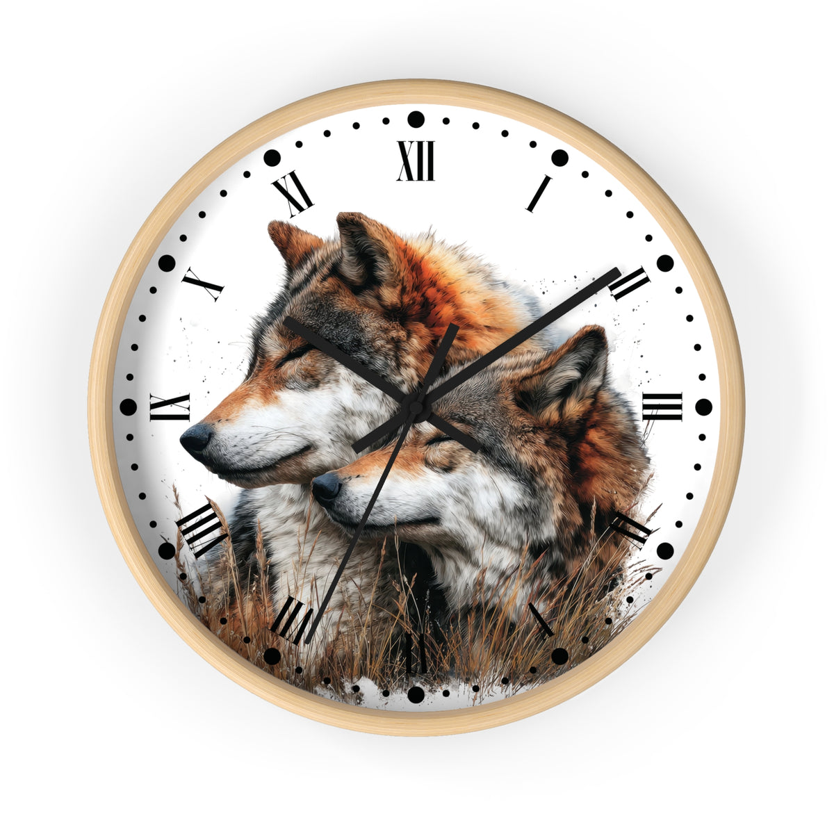 A round wall clock with a light wood frame and a white face featuring an artistic print of two wolves in a grassy field. The clock has black Roman numerals, black dot hour markers, and black hands.