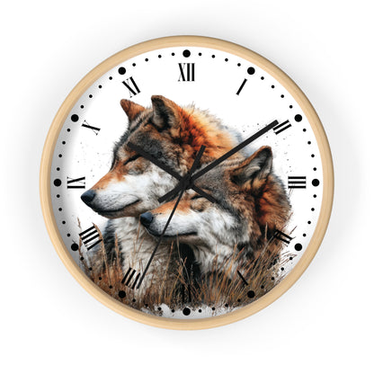 A round wall clock with a light wood frame and a white face featuring an artistic print of two wolves in a grassy field. The clock has black Roman numerals, black dot hour markers, and black hands.