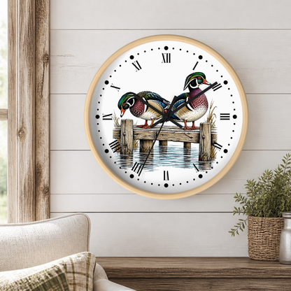 Wood Ducks on Pier Wall Clock — Rustic Bird Decor for Nature Lovers