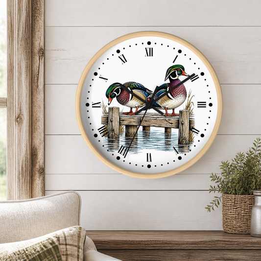 Wood Ducks on Pier Wall Clock — Rustic Bird Decor for Nature Lovers