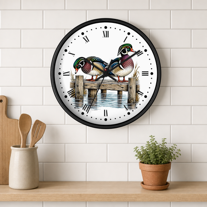 Wood Ducks on Pier Wall Clock — Rustic Bird Decor for Nature Lovers