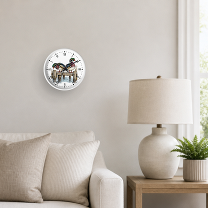 Wood Ducks on Pier Wall Clock — Rustic Bird Decor for Nature Lovers