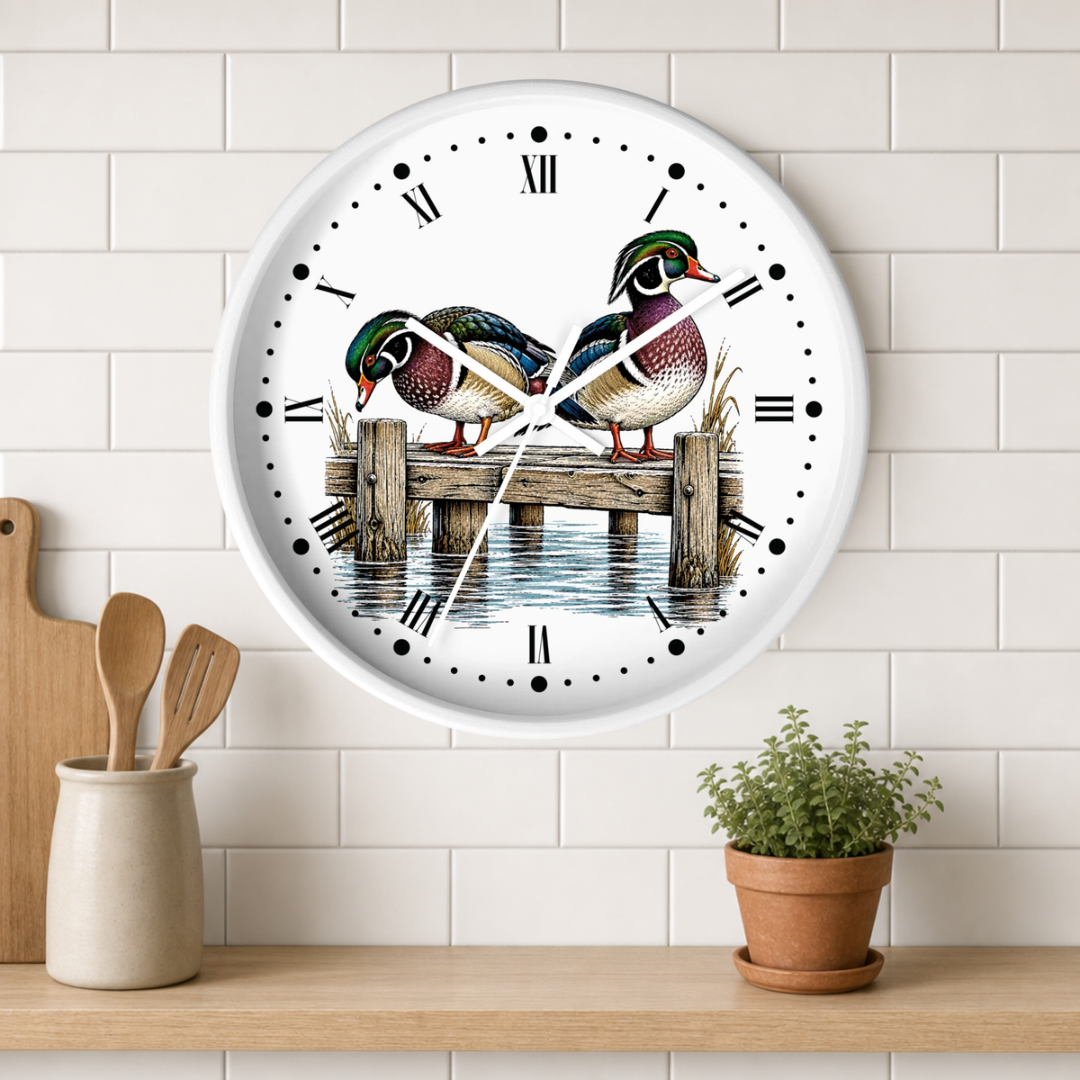 Wood Ducks on Pier Wall Clock — Rustic Bird Decor for Nature Lovers
