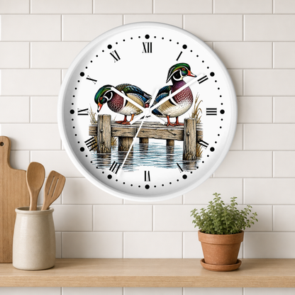 Wood Ducks on Pier Wall Clock — Rustic Bird Decor for Nature Lovers