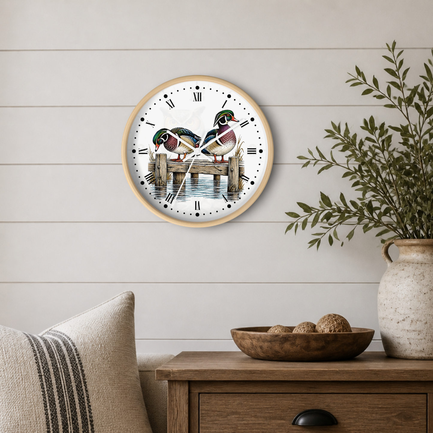 Wood Ducks on Pier Wall Clock — Rustic Bird Decor for Nature Lovers