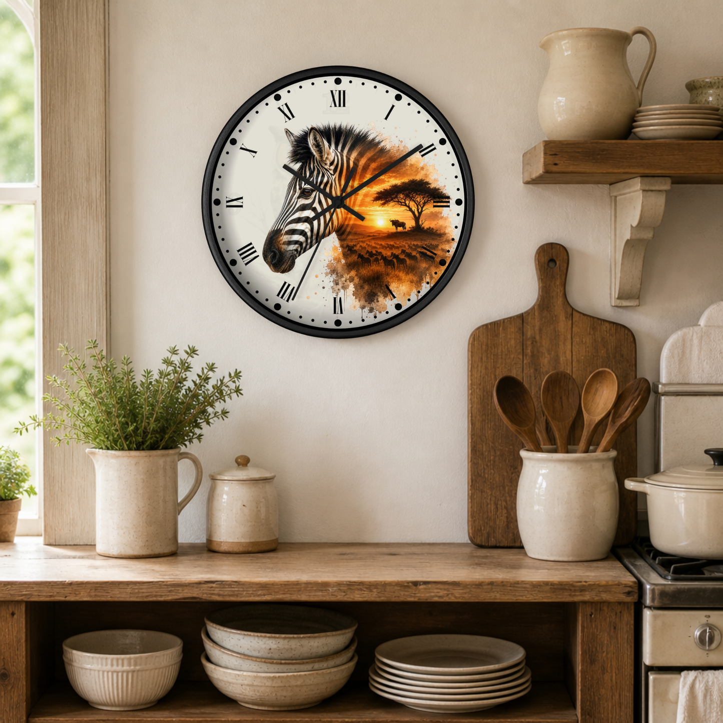 A round wall clock with a black frame hangs on a beige kitchen wall above a wooden shelf. The clock face features a zebra head over a warm orange and brown sunset landscape.