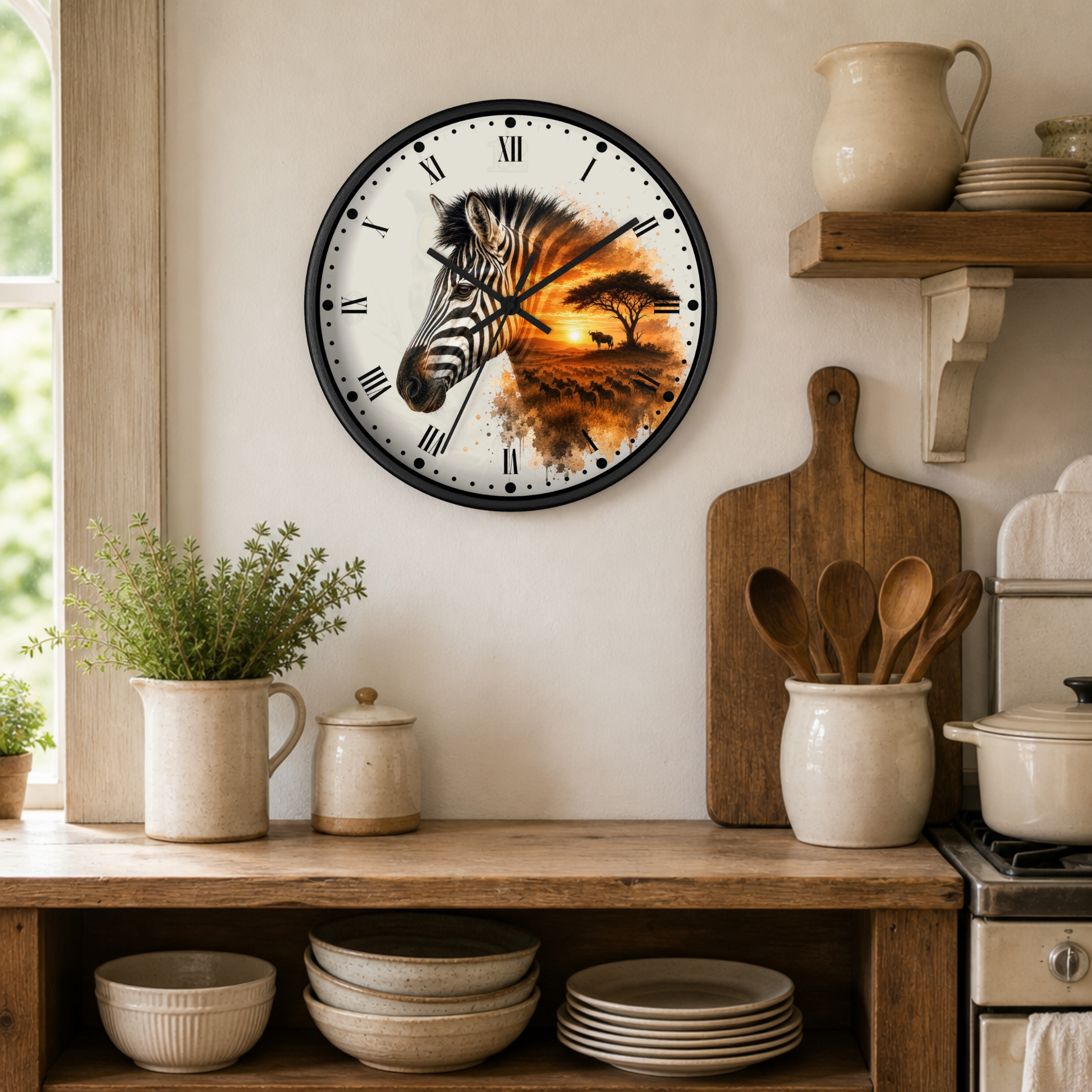A round wall clock with a black frame hangs on a beige kitchen wall above a wooden shelf. The clock face features a zebra head over a warm orange and brown sunset landscape.