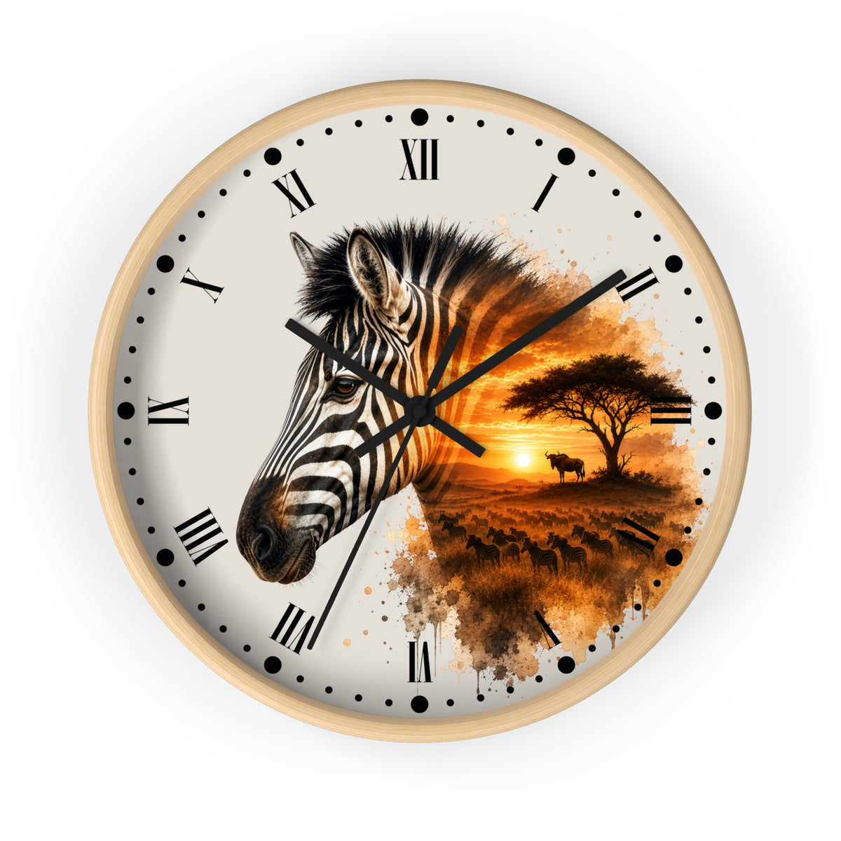 A round wall clock with a light wood frame, featuring a split design: one half shows a close-up zebra head in black and white, and the other half shows an African savanna sunset scene in warm orange and brown tones. The clock face is off-white with black Roman numerals and black hands.