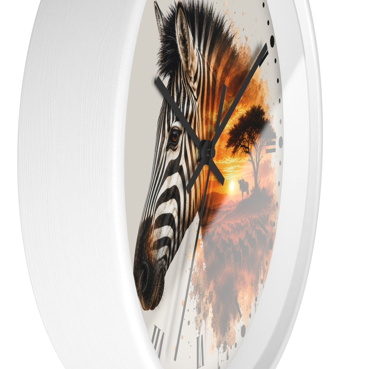 A round wall clock with a white frame and a printed design featuring a zebra head over an orange sunset landscape with a tree silhouette.