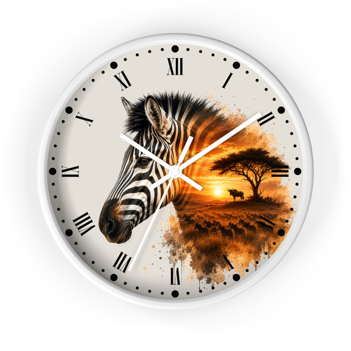 A round wall clock with a white frame and a split design: one half shows a close-up zebra head in black and white, and the other half shows an African savanna sunset scene in orange and brown tones. The clock face is off-white with black Roman numerals and white hands.