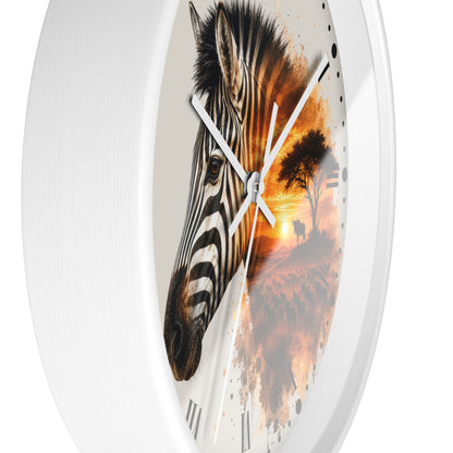 A white round wall clock with a printed design featuring a zebra head on the left and an orange sunset landscape with trees on the right, shown against a plain white background.