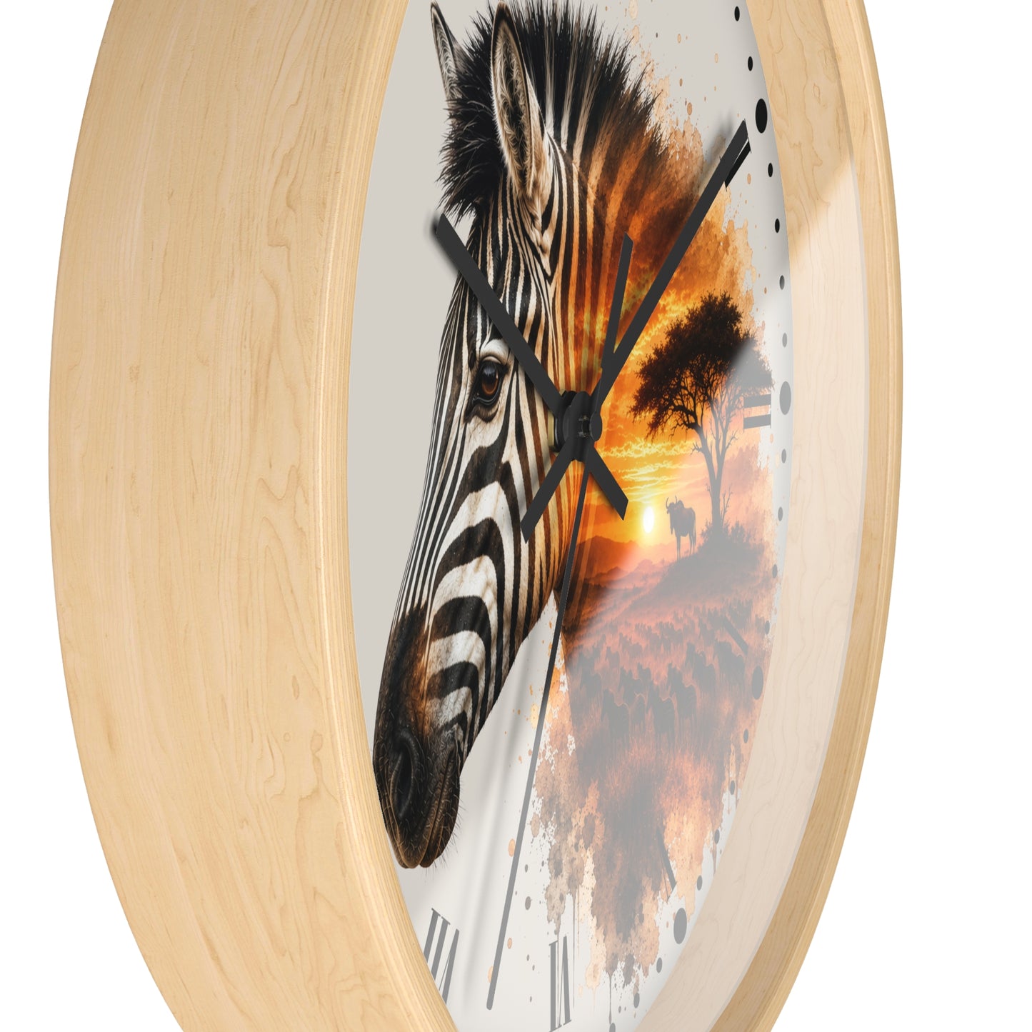 Round wall clock with a light natural wood frame and a printed face featuring a zebra head over an orange sunset landscape, shown against a plain white background.