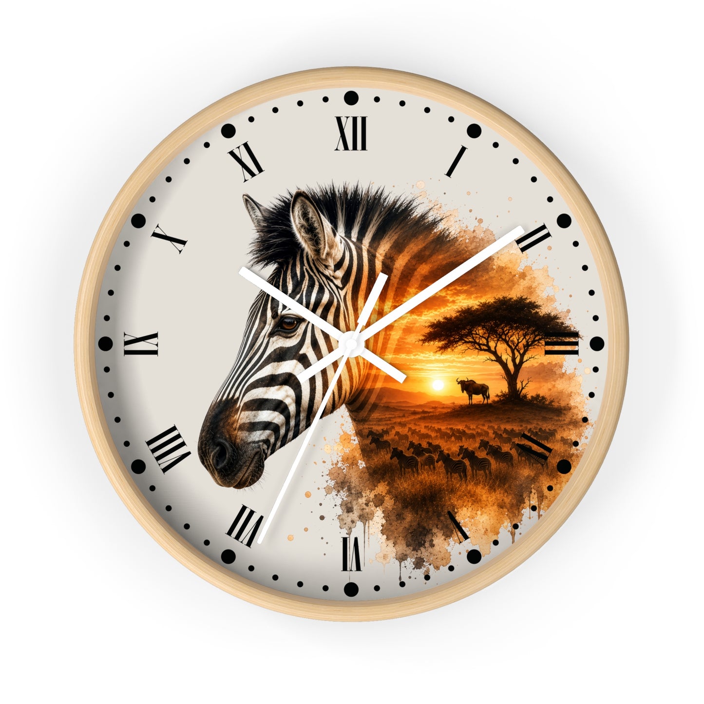 A round wall clock with a light wood frame, featuring a split design: one half shows a close-up zebra head in black and white, and the other half shows an African savanna sunset scene in warm orange and brown tones. The clock face is off-white with black Roman numerals and markers, and the hands are white.