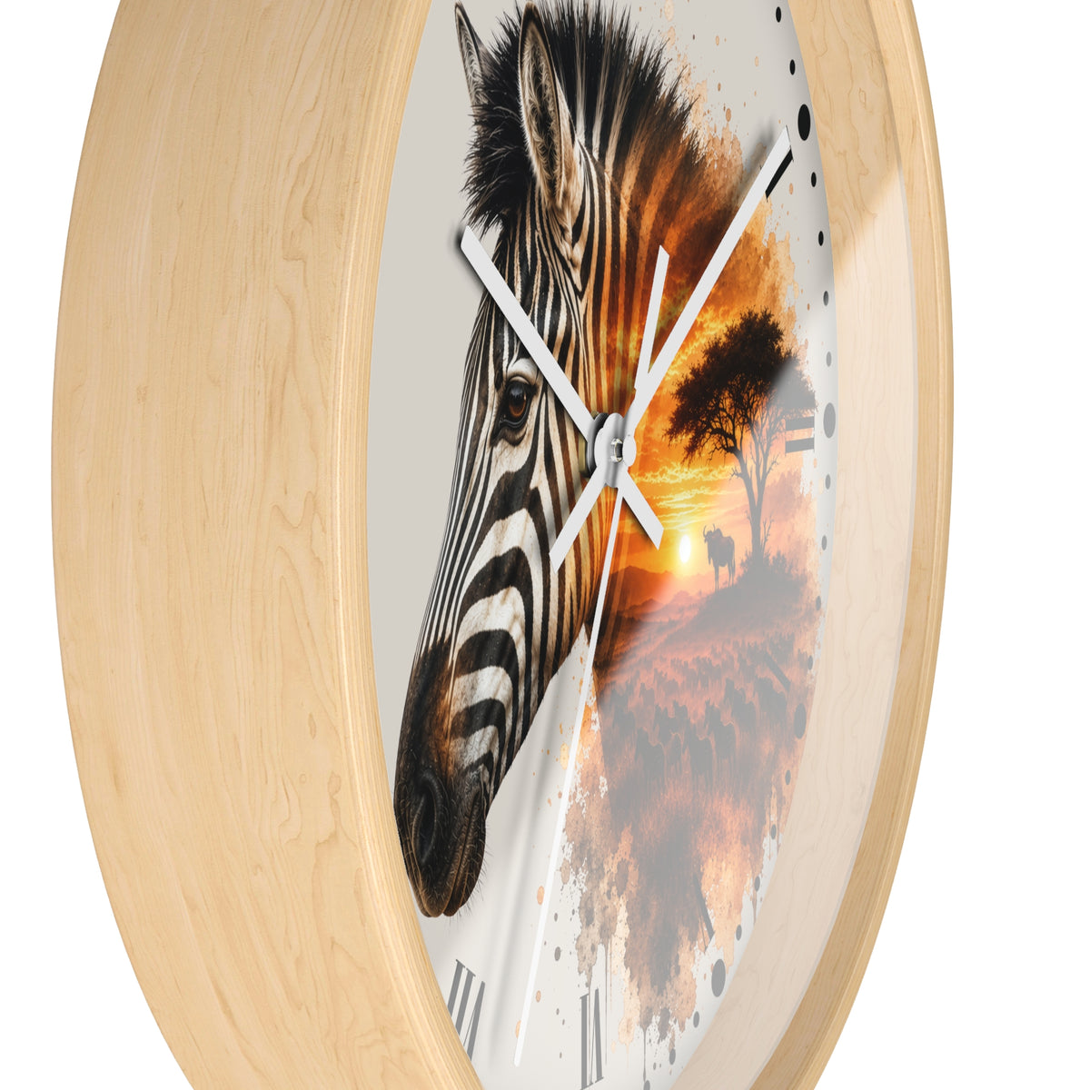 Round wall clock with a light natural wood frame and a printed face featuring a zebra head over an orange sunset landscape, shown on a white background.
