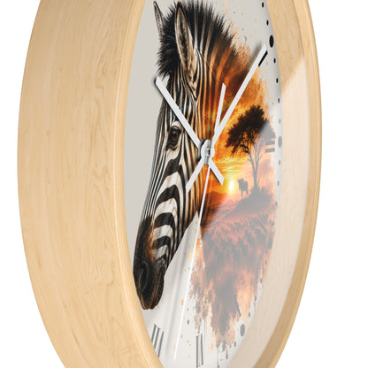 Round wall clock with a light natural wood frame and a printed face featuring a zebra head over an orange sunset landscape, shown on a white background.