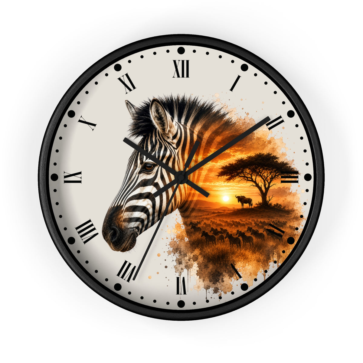 A round wall clock with a black frame and a split design: one half shows a close-up zebra head, the other half shows an African savanna sunset scene with a tree, bird, and herd. The clock face is off-white with black Roman numerals and black hands, photographed on a plain white background.