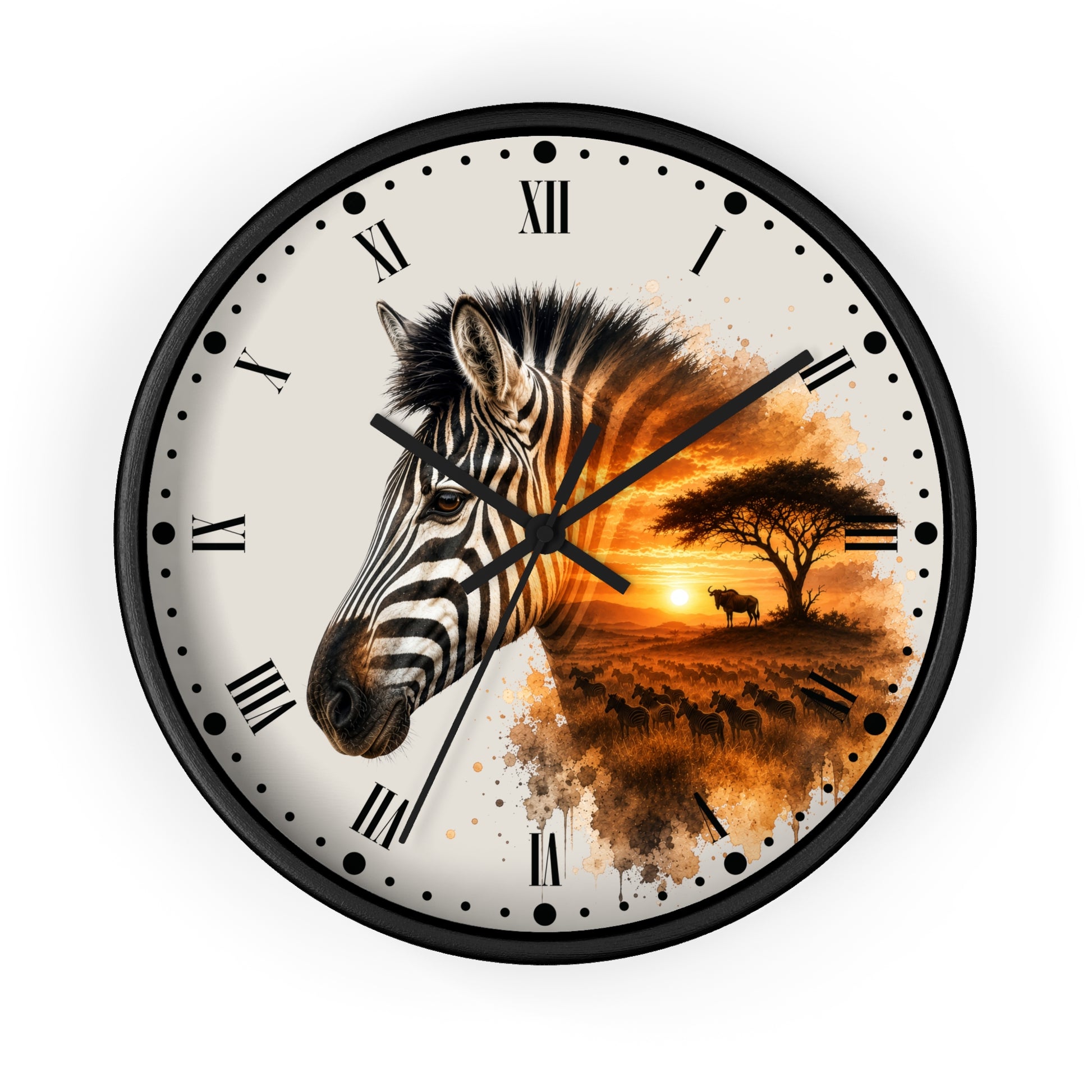 A round wall clock with a black frame and a split design: one half shows a close-up zebra head, the other half shows an African savanna sunset scene with a tree, bird, and herd. The clock face is off-white with black Roman numerals and black hands, photographed on a plain white background.