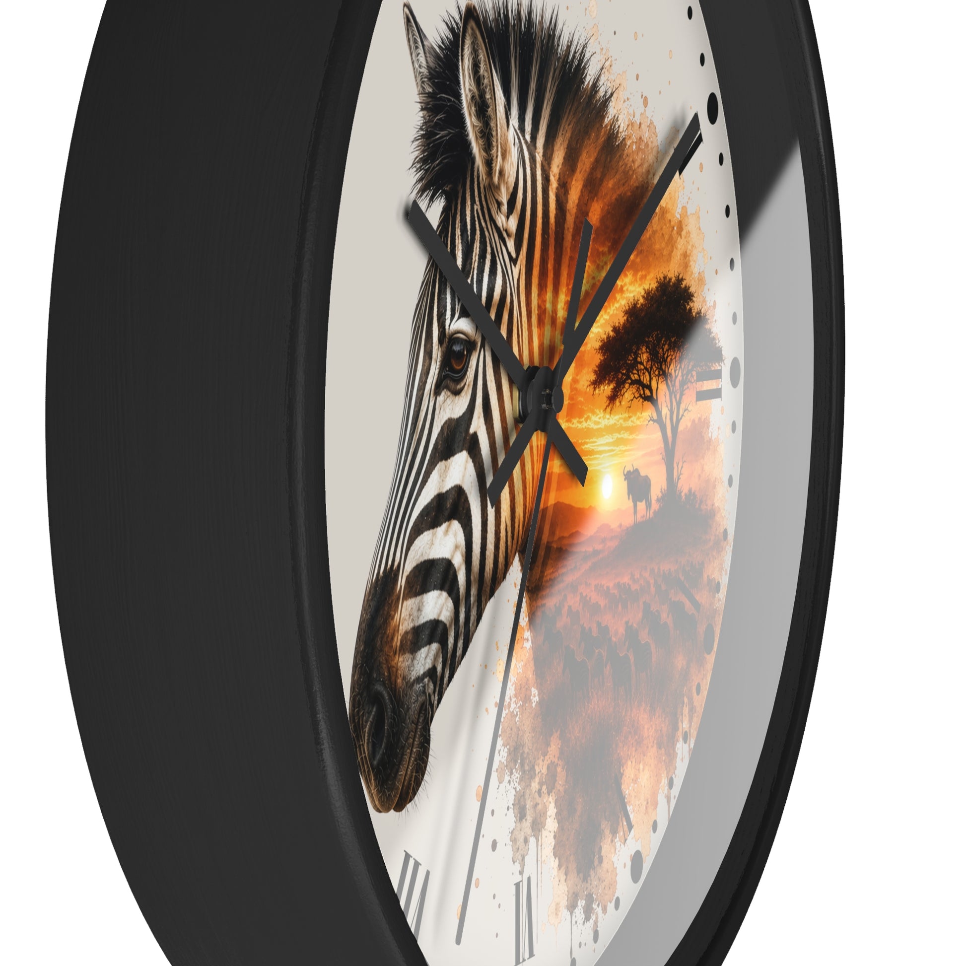A round wall clock with a black frame and a printed face featuring a zebra head over an orange sunset landscape with a tree silhouette.