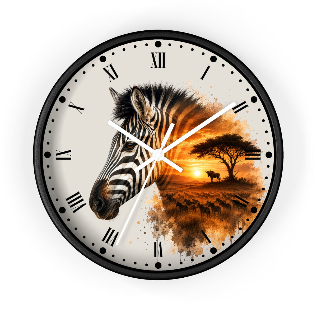 A round wall clock with a black frame and Roman numerals, featuring a split design: one half shows a close-up zebra head, and the other half shows an African savanna sunset scene with a tree and bird silhouette. The clock is centered on a plain white background.