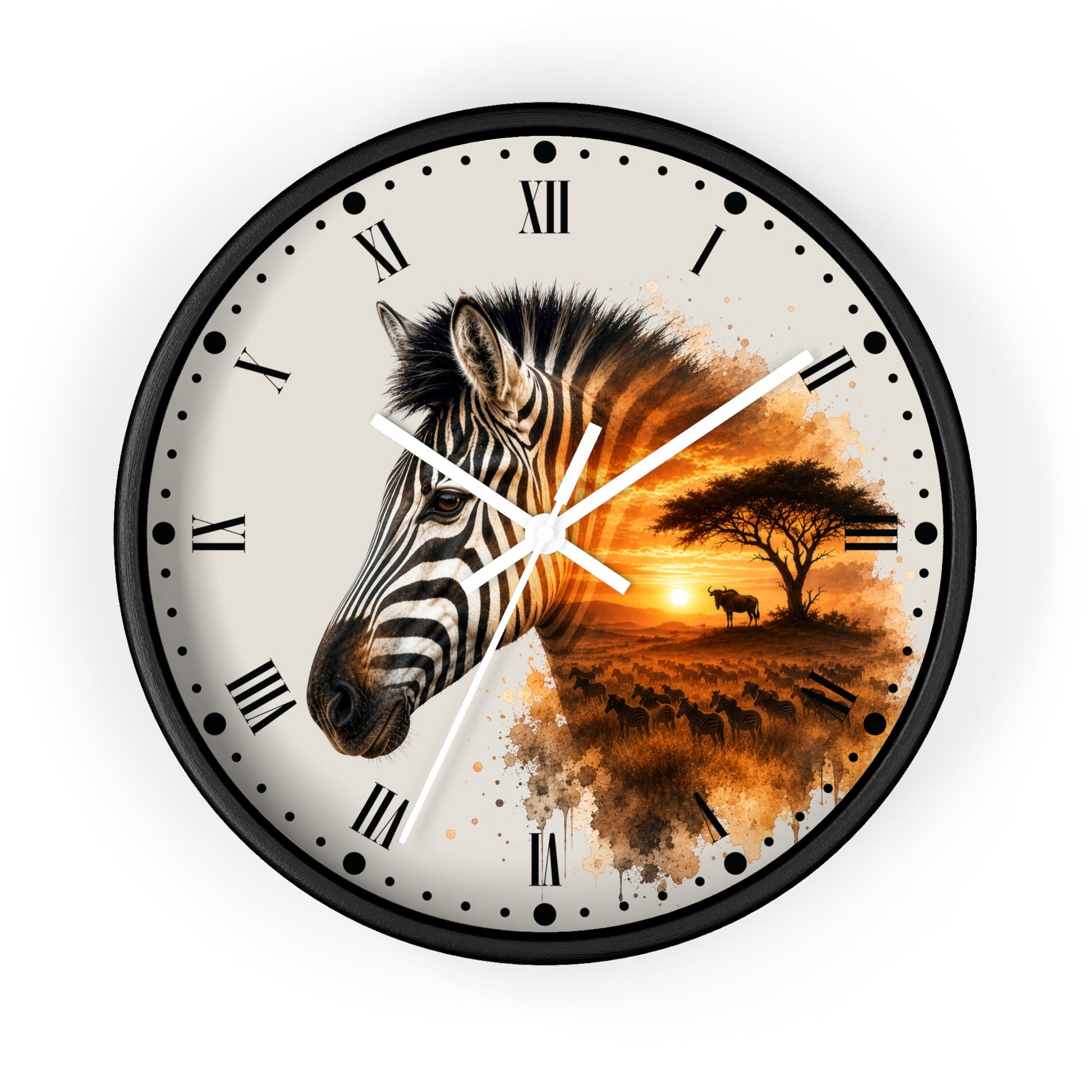 A round wall clock with a black frame and Roman numerals, featuring a split design: one half shows a close-up zebra head, and the other half shows an African savanna sunset scene with a tree and bird silhouette. The clock is centered on a plain white background.